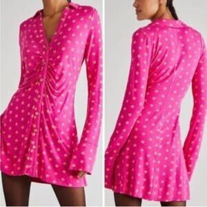 Free‎ People Shayla Mini Dress S Long Sleeve Pink Polka Dots Ruched